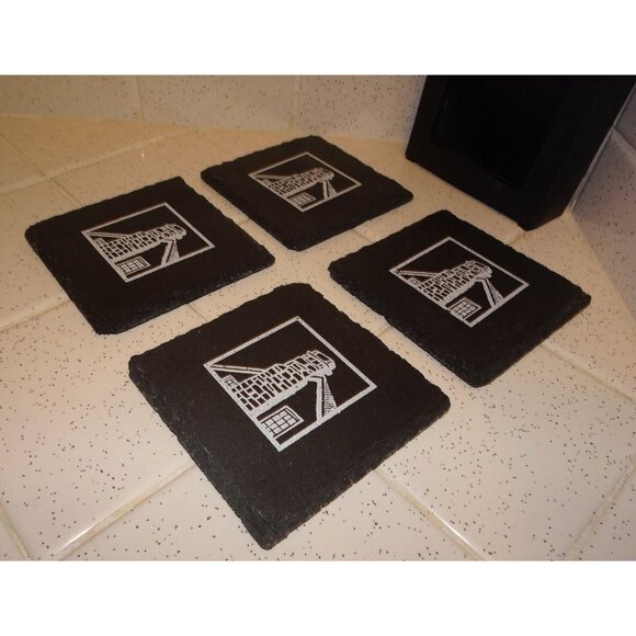Vintage Black Slate Coasters Cottage Chimney retro rustic barware - Picture 6 of 9
